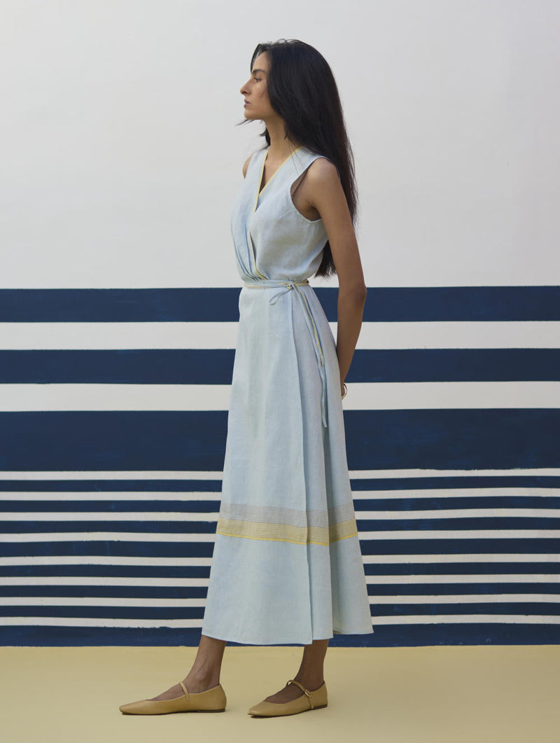 Ava Border Linen Wrap Dress
 - Sky by Manan in blue color for women Worldwide
