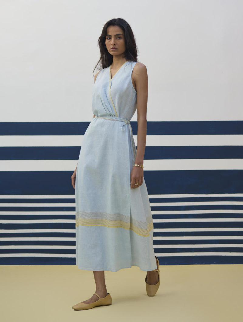 Ava Border Linen Wrap Dress
 - Sky by Manan in blue color for women Worldwide