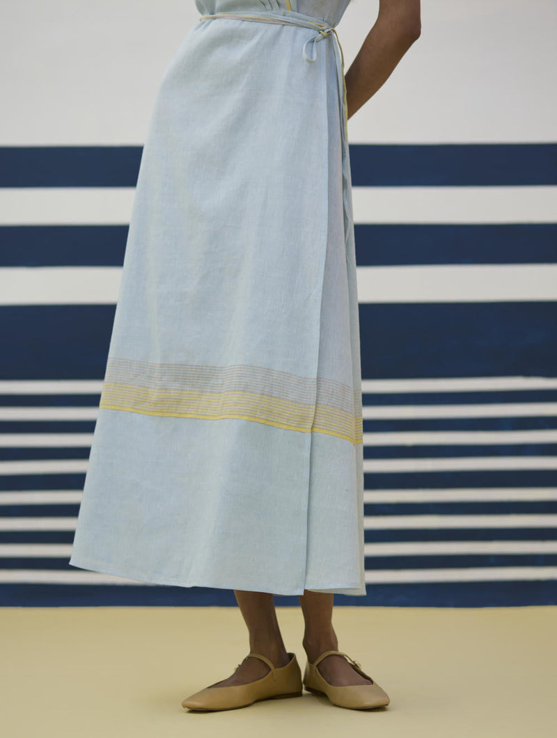 Ava Border Linen Wrap Dress
 - Sky by Manan in blue color for women Worldwide