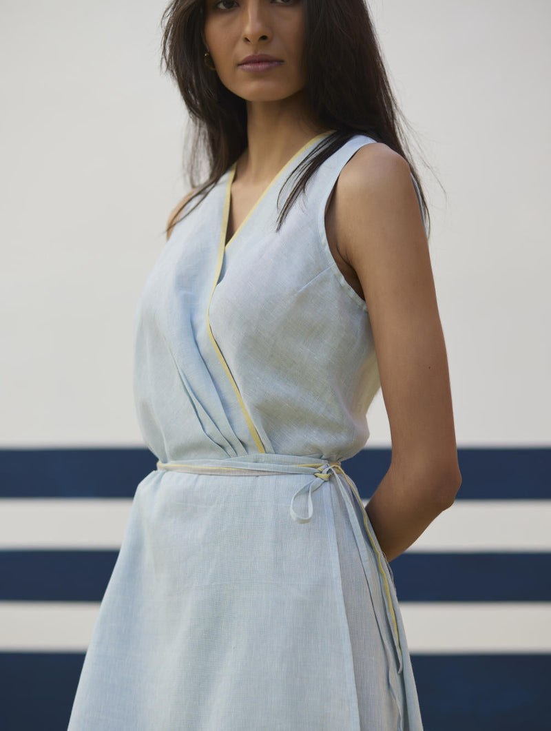 Ava Border Linen Wrap Dress
 - Sky by Manan in blue color for women Worldwide