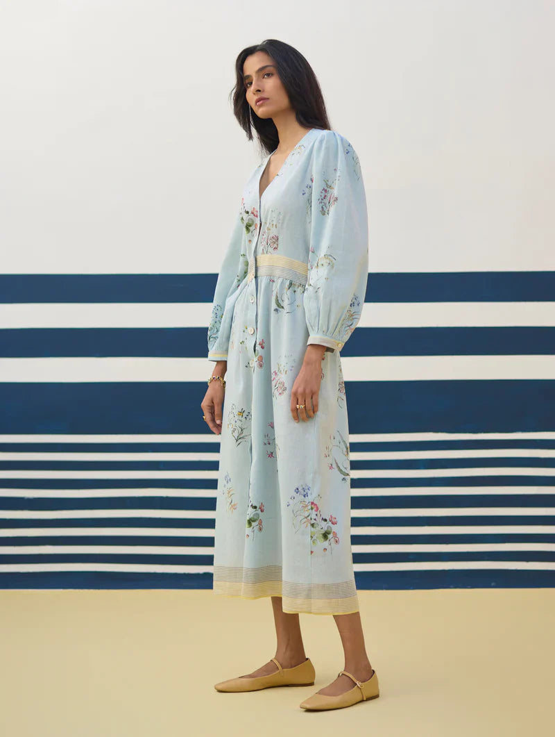 Greta Floral Linen Dress - Sky linen by Manan in blue color for women Worldwide