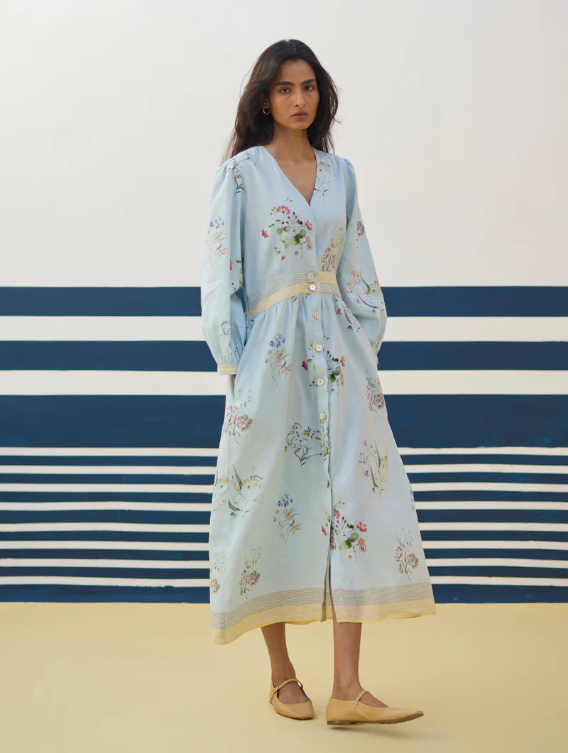 Greta Floral Linen Dress - Sky linen by Manan in blue color for women Worldwide