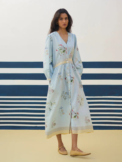 Greta Floral Linen Dress - Sky - Size S