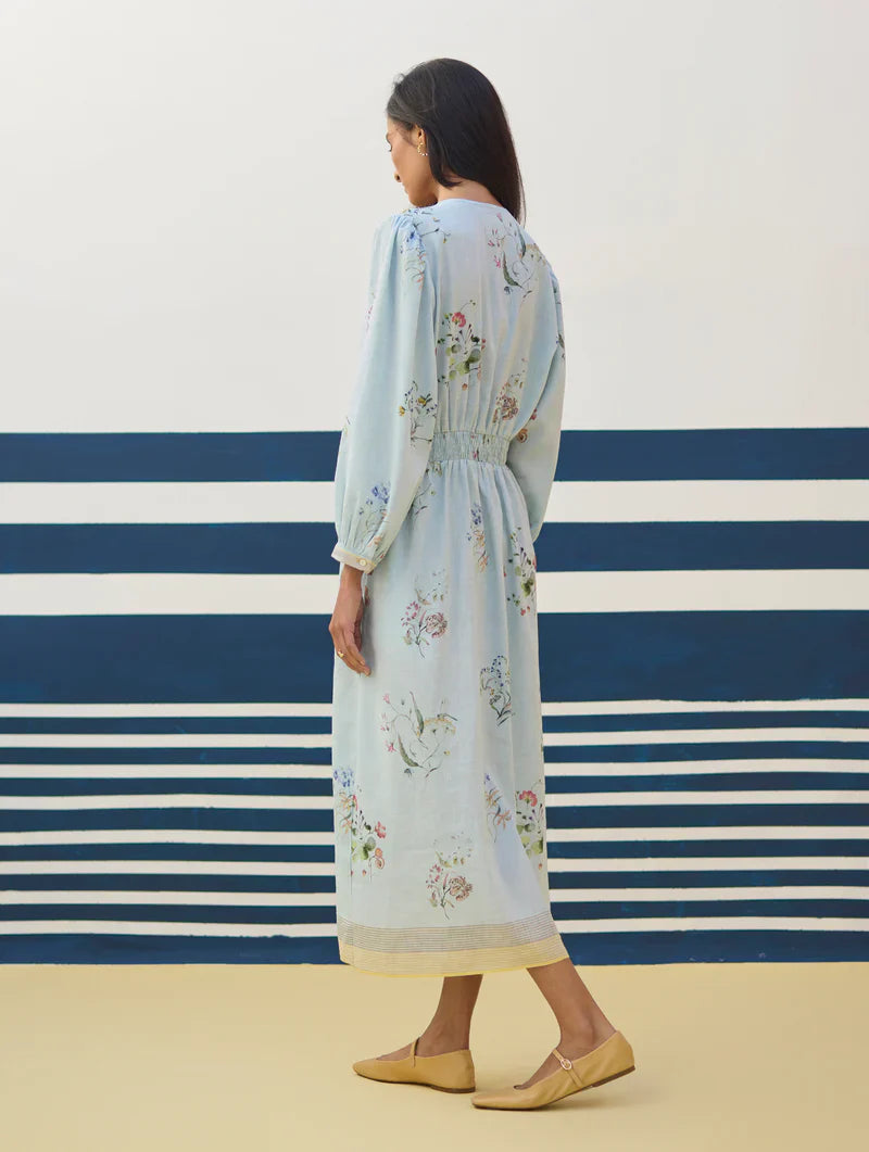 Greta Floral Linen Dress - Sky linen by Manan in blue color for women Worldwide
