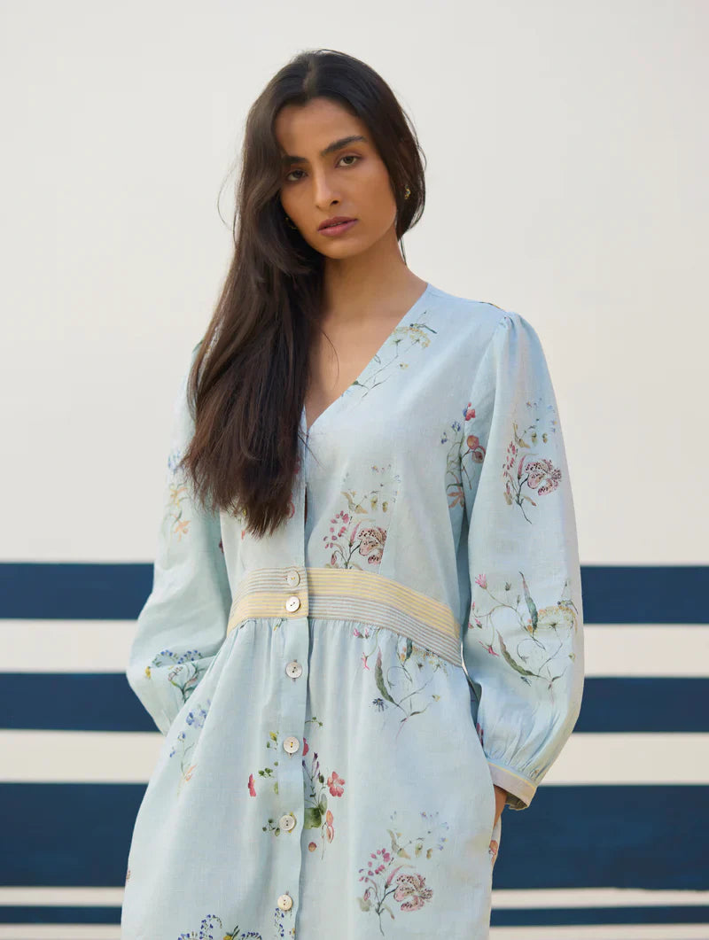 Greta Floral Linen Dress - Sky linen by Manan in blue color for women Worldwide