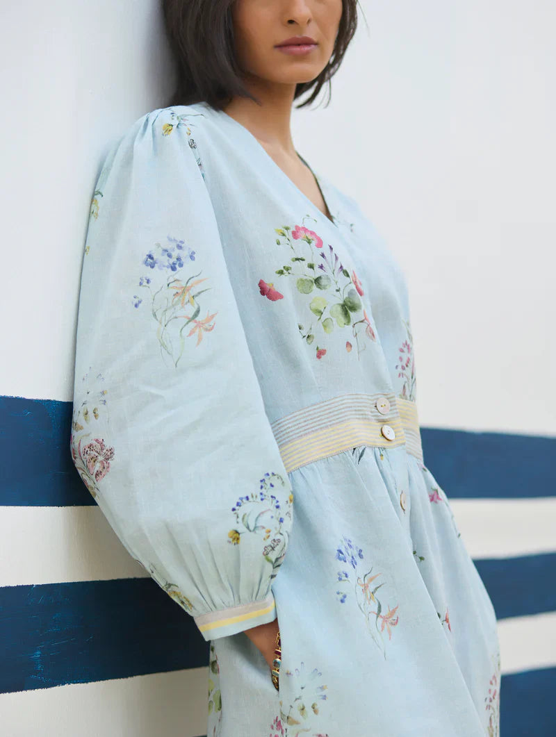 Greta Floral Linen Dress - Sky linen by Manan in blue color for women Worldwide