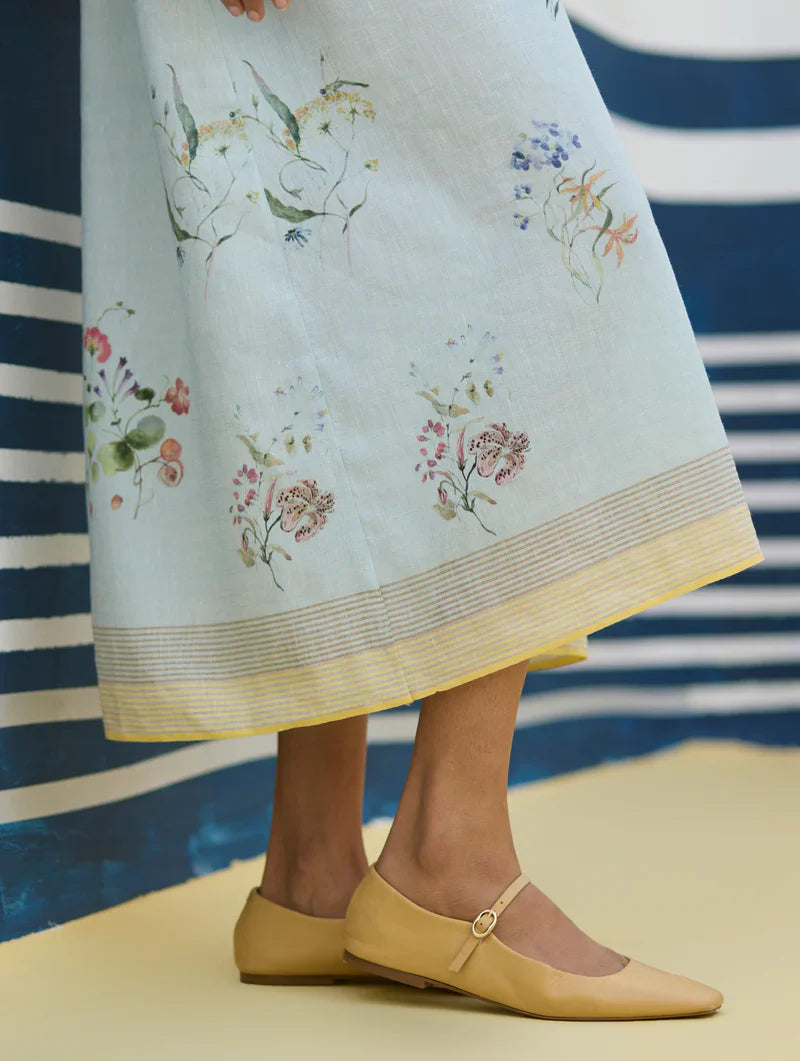 Greta Floral Linen Dress - Sky linen by Manan in blue color for women Worldwide