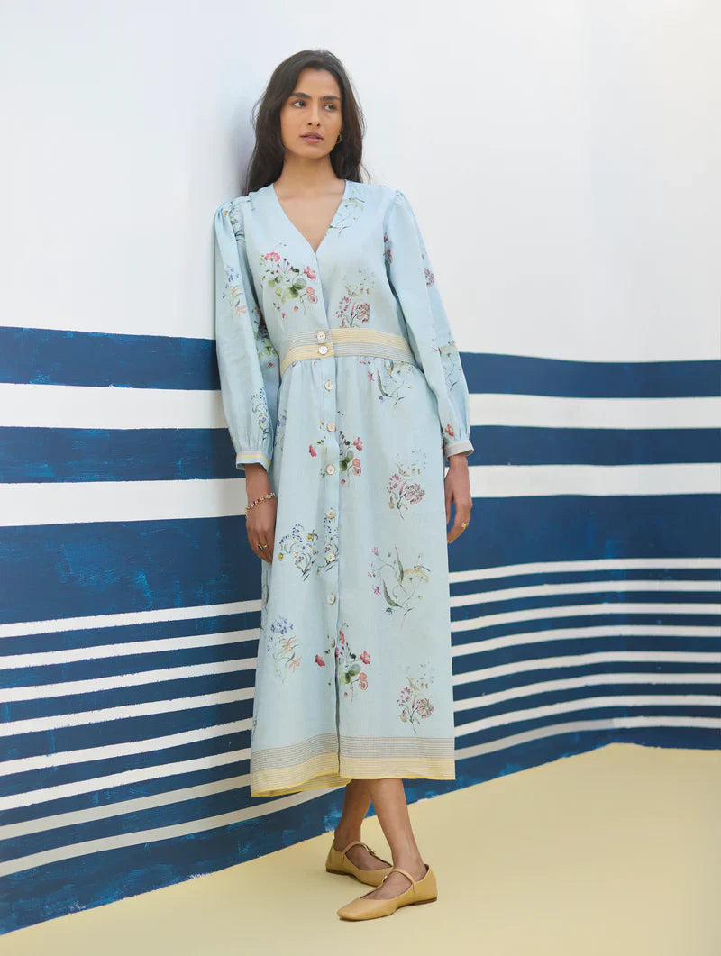 Greta Floral Linen Dress - Sky linen by Manan in blue color for women Worldwide