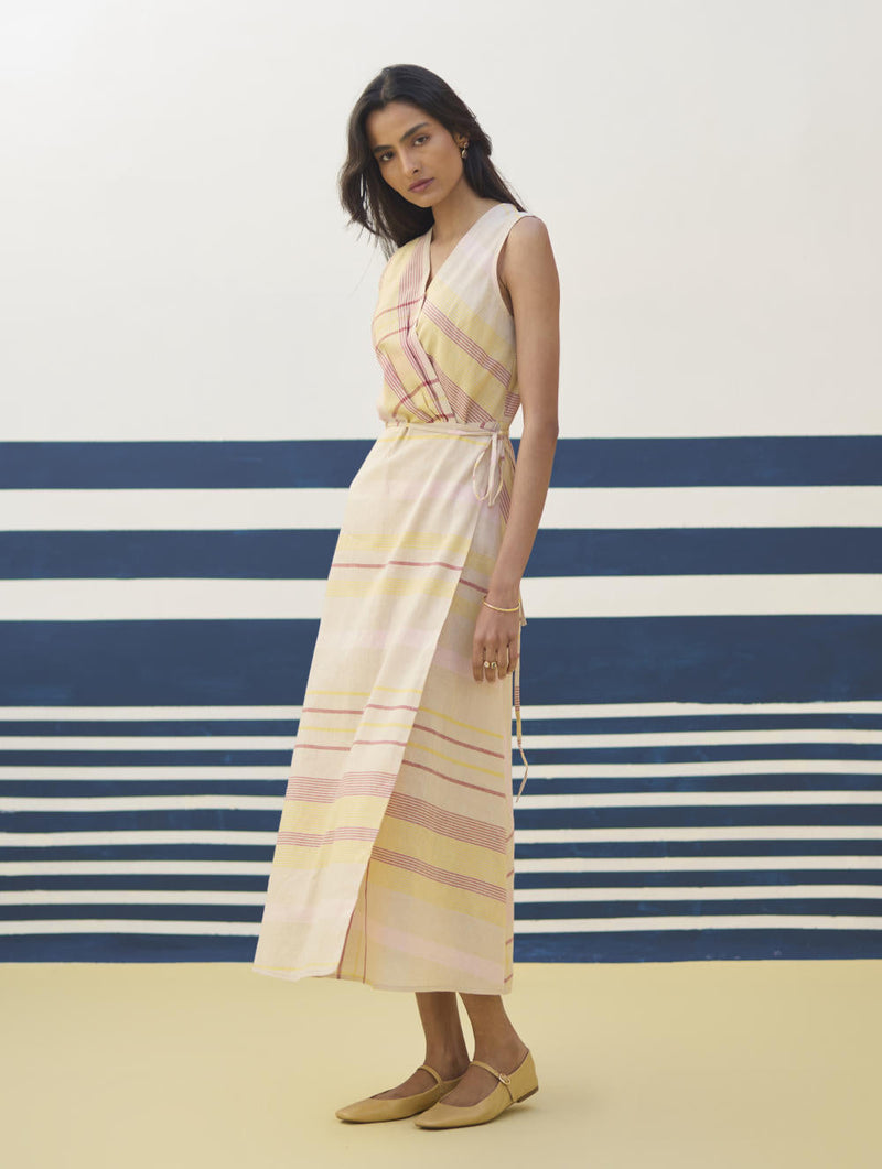 Ava Check Linen Wrap Dress
 - Sand by Manan in natural color for women Worldwide