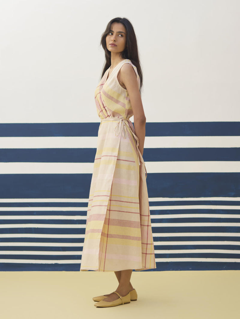 Ava Check Linen Wrap Dress
 - Sand by Manan in natural color for women Worldwide