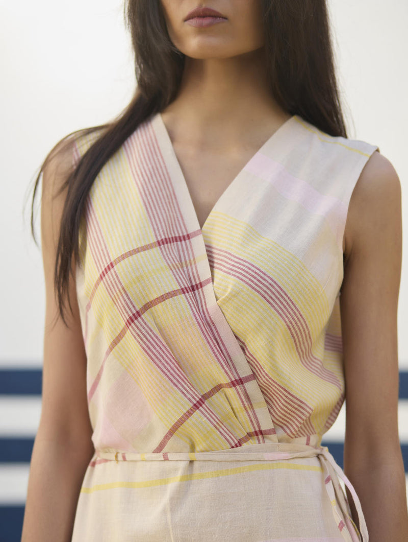 Ava Check Linen Wrap Dress
 - Sand by Manan in natural color for women Worldwide