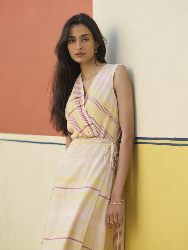 Ava Check Linen Wrap Dress
 - Sand by Manan in natural color for women Worldwide