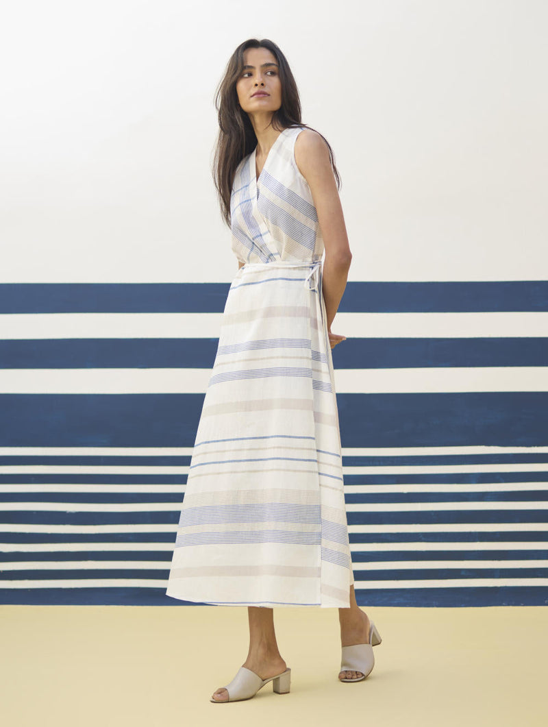 Ava Check Linen Wrap Dress
 - Ivory by Manan in ivory color for women Worldwide