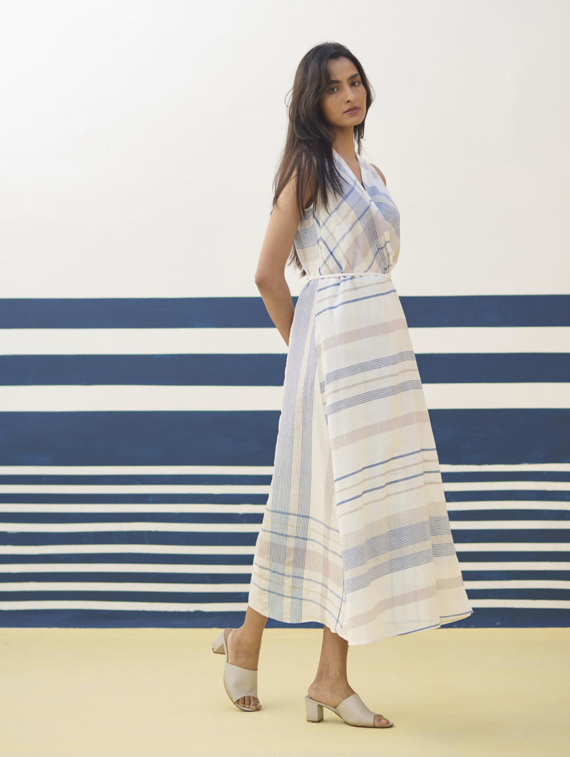 Ava Check Linen Wrap Dress
 - Ivory by Manan in ivory color for women Worldwide