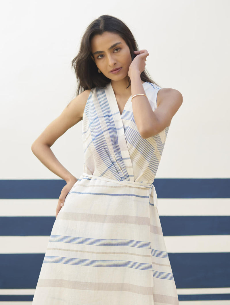 Ava Check Linen Wrap Dress
 - Ivory by Manan in ivory color for women Worldwide
