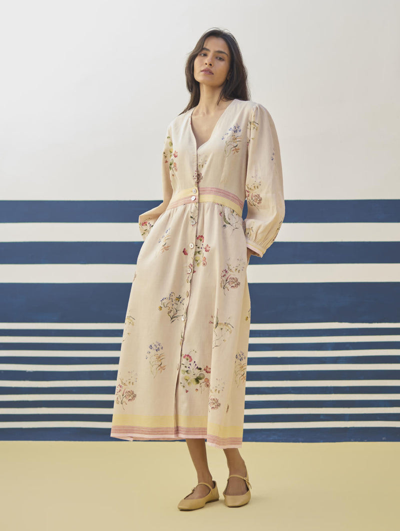 Greta Floral Linen Dress - Sand linen by Manan in natural color for women Worldwide
