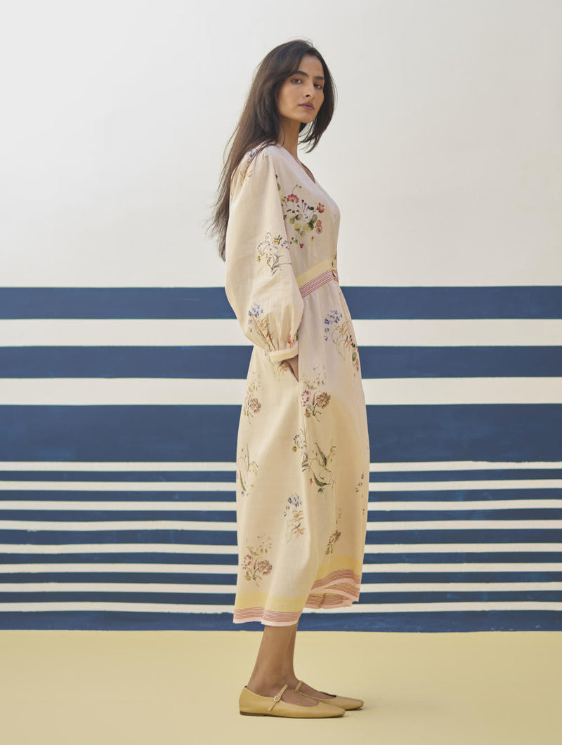 Greta Floral Linen Dress - Sand linen by Manan in natural color for women Worldwide