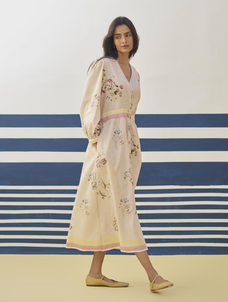Greta Floral Linen Dress - Sand linen by Manan in natural color for women Worldwide