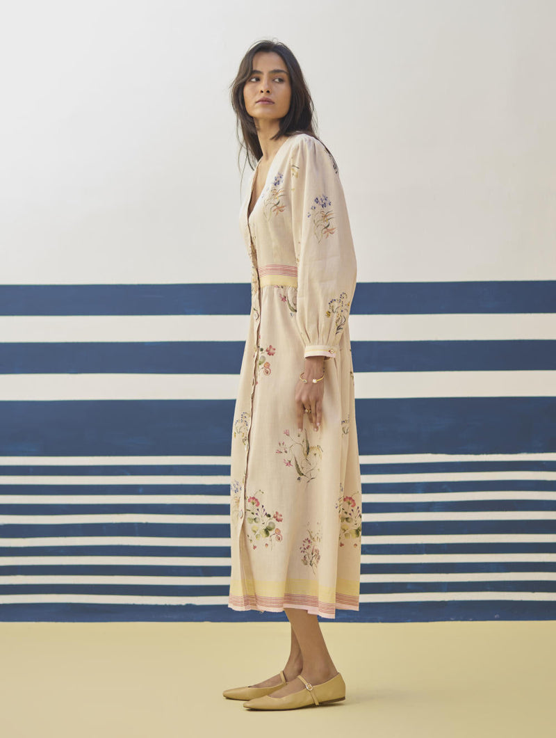Greta Floral Linen Dress - Sand linen by Manan in natural color for women Worldwide