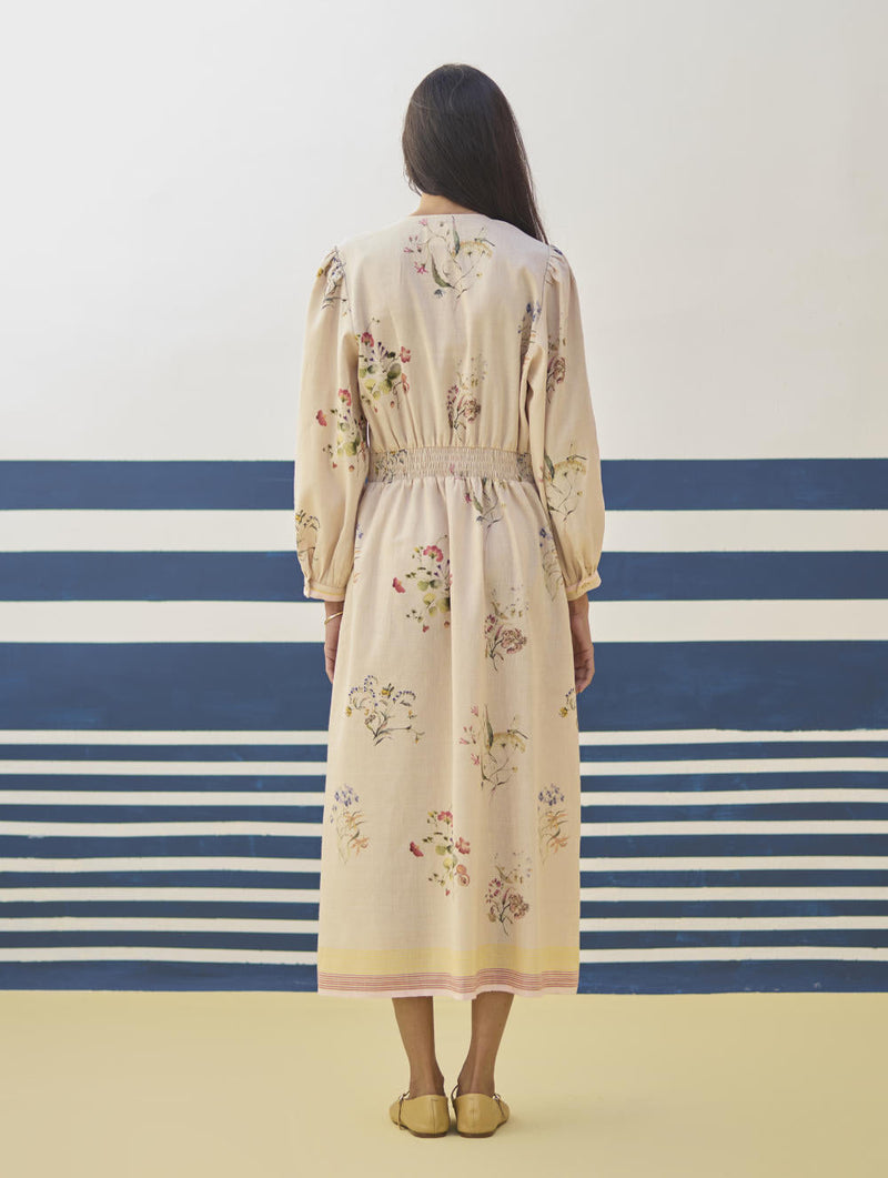 Greta Floral Linen Dress - Sand linen by Manan in natural color for women Worldwide