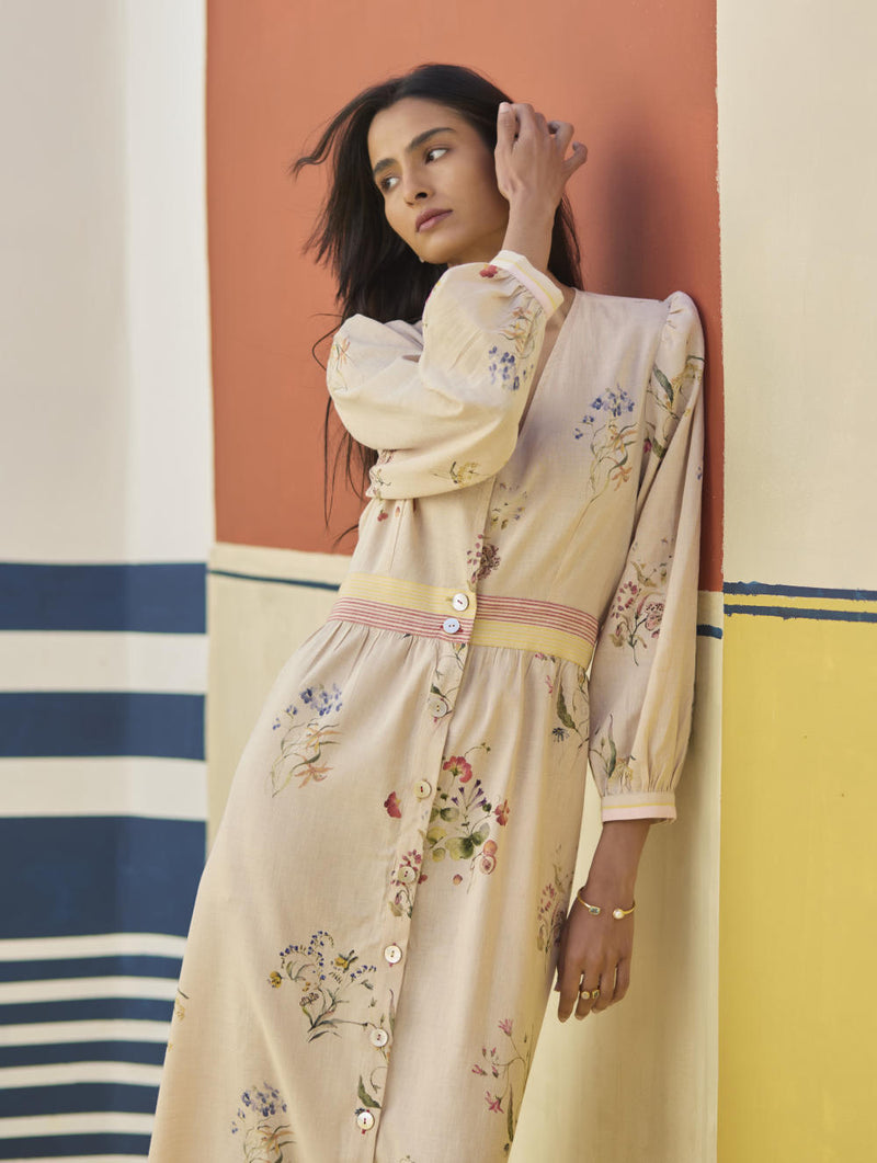 Greta Floral Linen Dress - Sand linen by Manan in natural color for women Worldwide