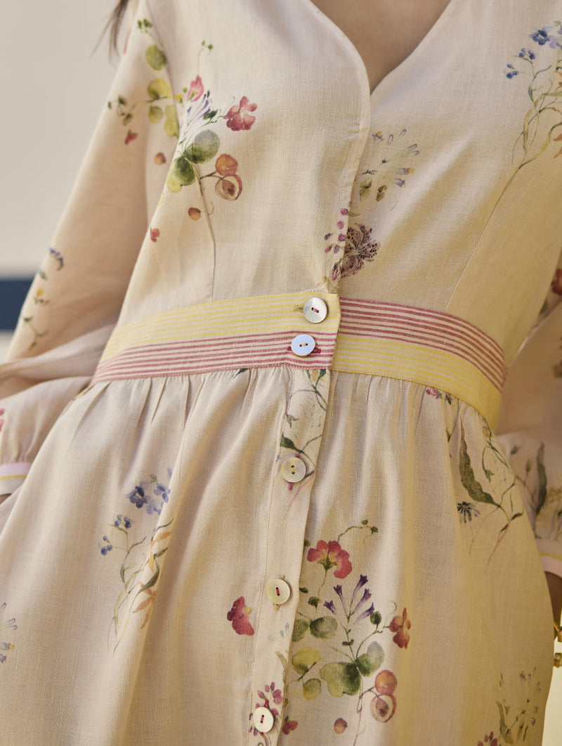 Greta Floral Linen Dress - Sand linen by Manan in natural color for women Worldwide