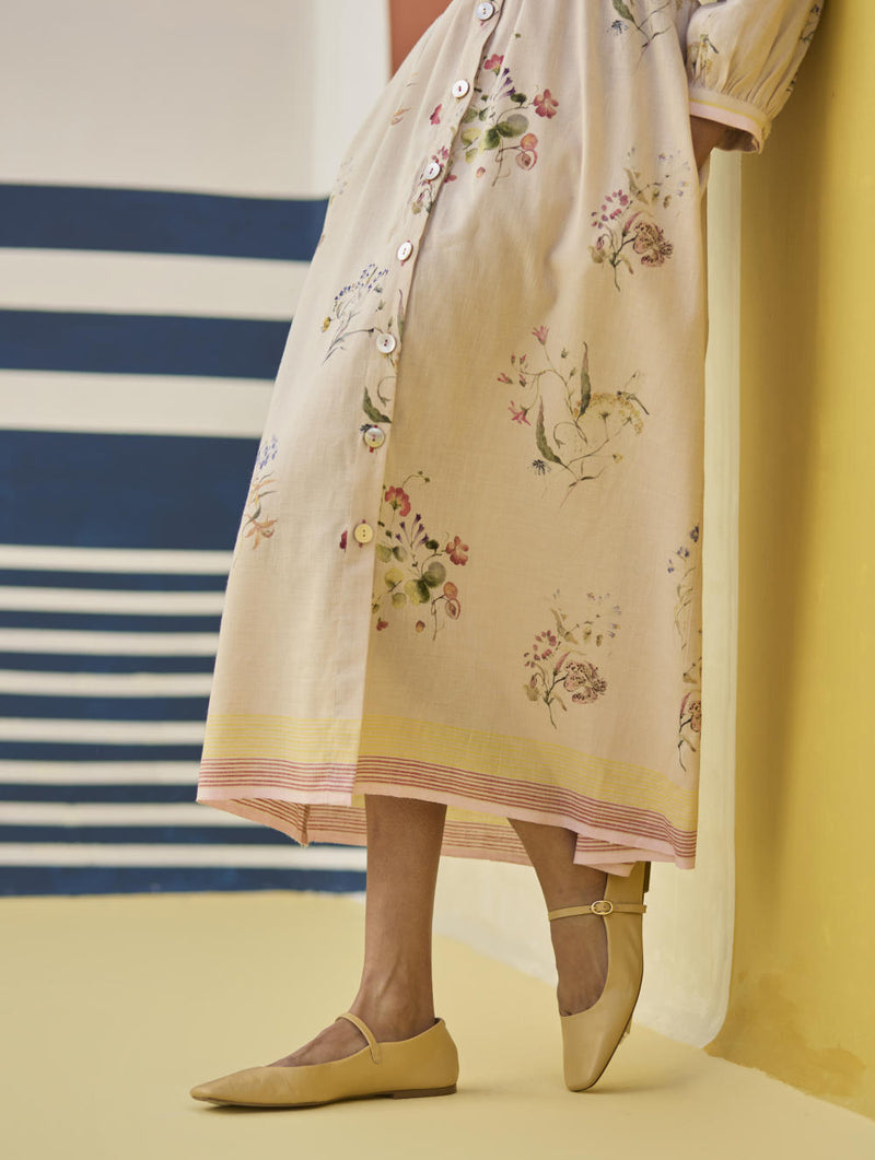 Greta Floral Linen Dress - Sand linen by Manan in natural color for women Worldwide