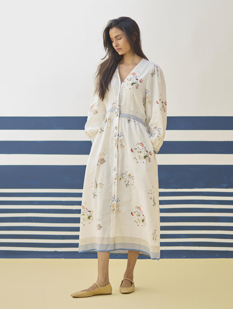 Greta Floral Linen Dress - Ivory linen by Manan in ivory color for women Worldwide