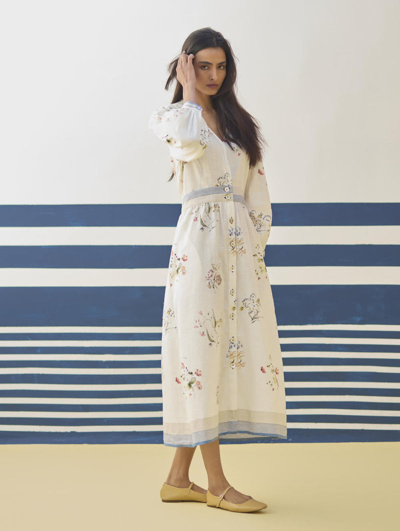 Greta Floral Linen Dress - Ivory linen by Manan in ivory color for women Worldwide
