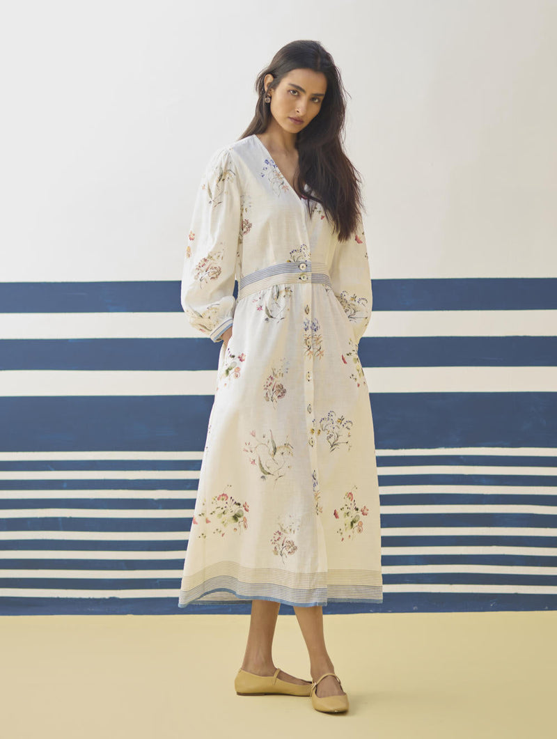 Greta Floral Linen Dress - Ivory linen by Manan in ivory color for women Worldwide