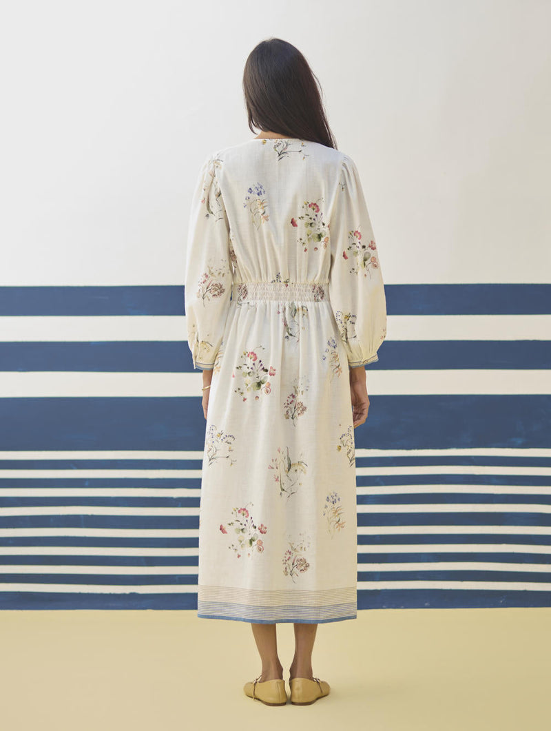 Greta Floral Linen Dress - Ivory linen by Manan in ivory color for women Worldwide