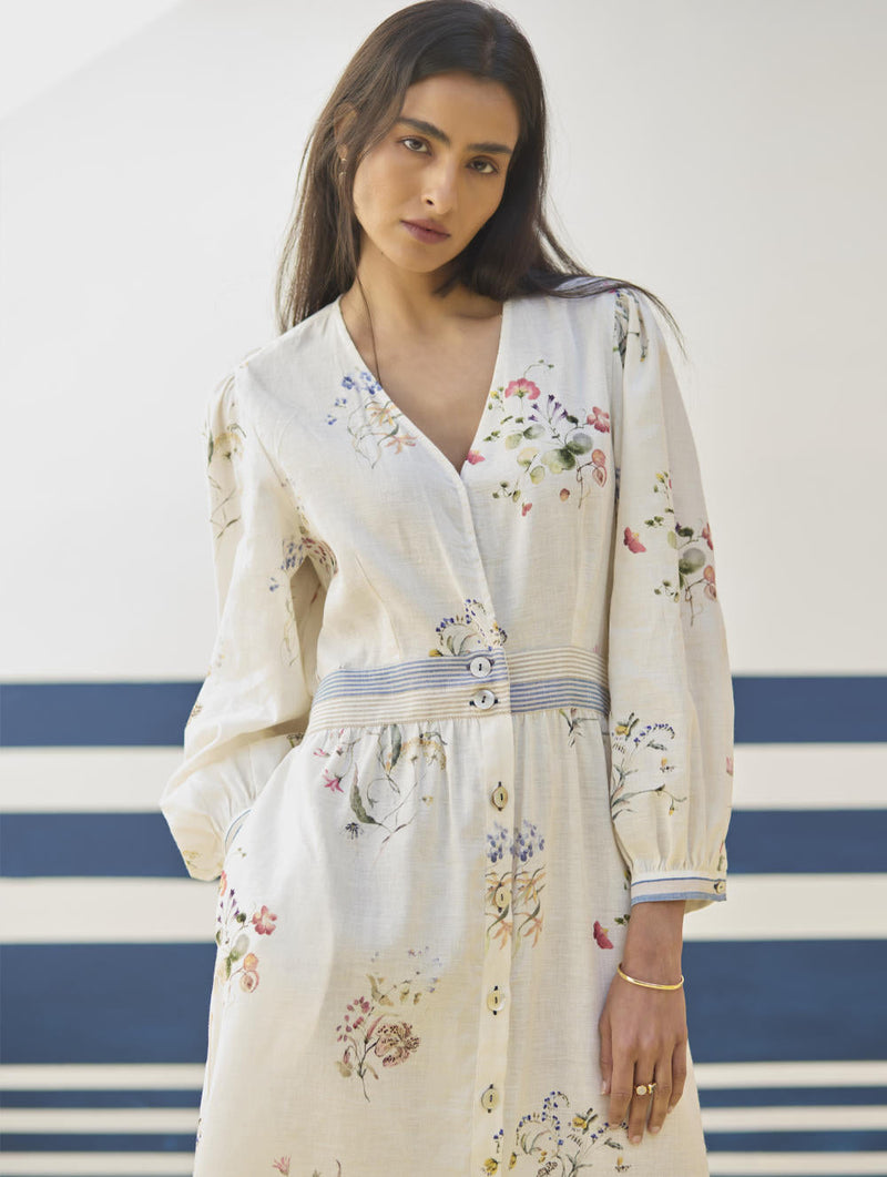 Greta Floral Linen Dress - Ivory linen by Manan in ivory color for women Worldwide