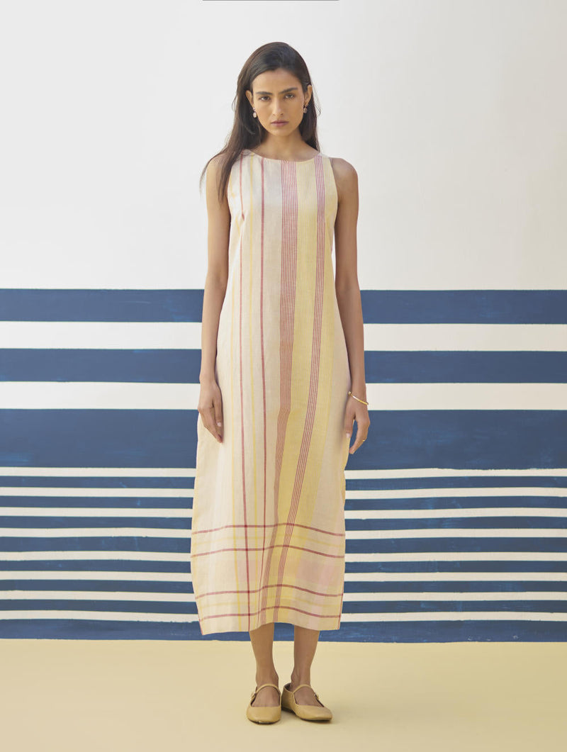 Inara Modern Check Linen Dress
 - Sand linen by Manan in natural color for women Worldwide