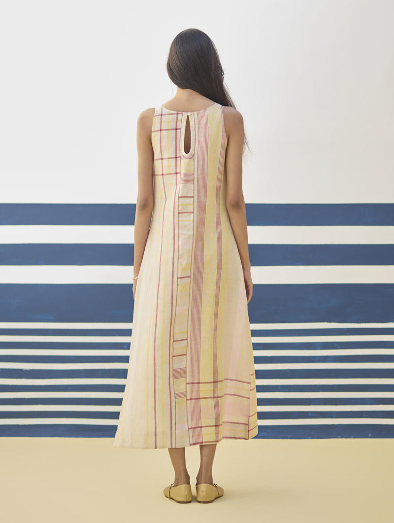 Inara Modern Check Linen Dress
 - Sand linen by Manan in natural color for women Worldwide