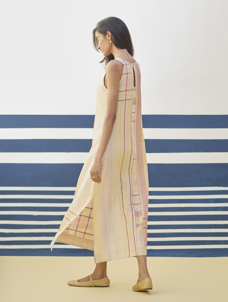 Inara Modern Check Linen Dress
 - Sand linen by Manan in natural color for women Worldwide