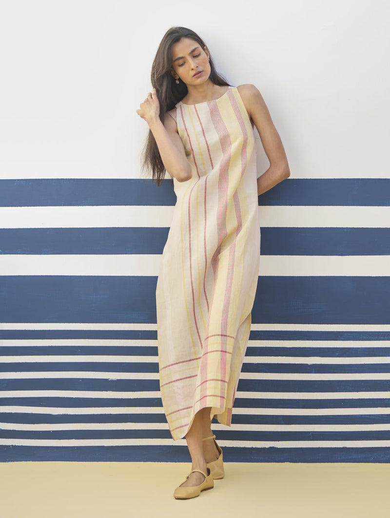 Inara Modern Check Linen Dress
 - Sand linen by Manan in natural color for women Worldwide