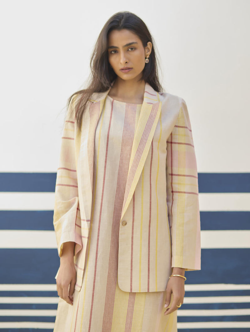 Inara Check Linen Dress With Blazer
 - Sand linen by Manan in natural color for women Worldwide