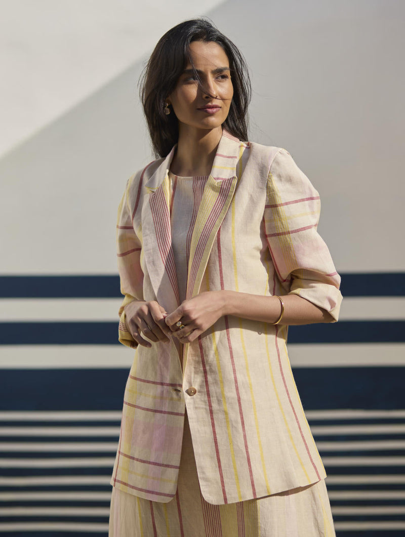 Inara Check Linen Dress With Blazer
 - Sand linen by Manan in natural color for women Worldwide