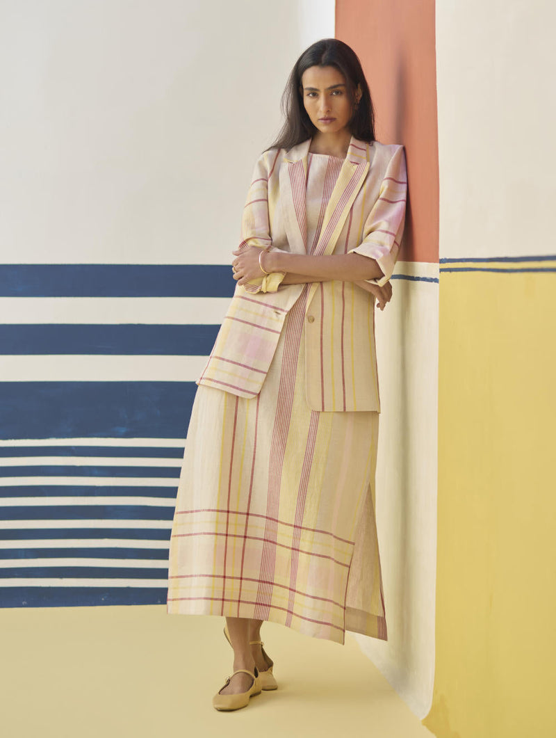 Inara Check Linen Dress With Blazer
 - Sand linen by Manan in natural color for women Worldwide