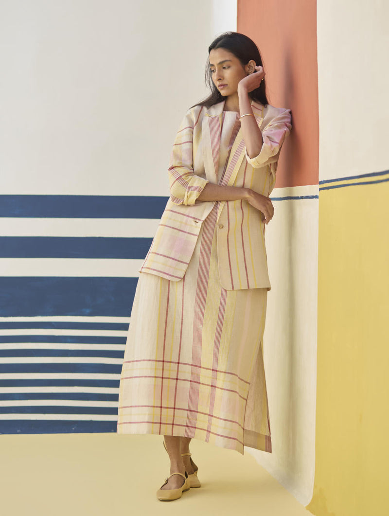 Inara Check Linen Dress With Blazer
 - Sand linen by Manan in natural color for women Worldwide
