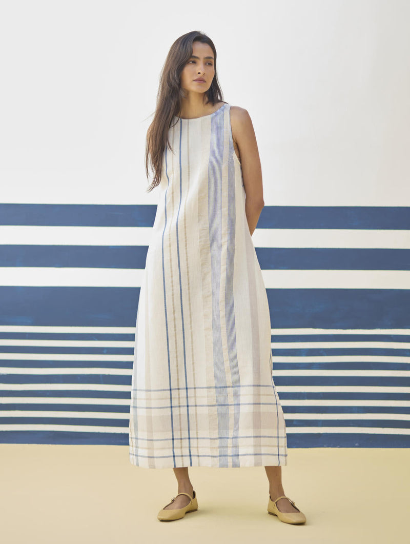 Inara Modern Check Linen Dress
 - Ivory linen by Manan in ivory color for women Worldwide