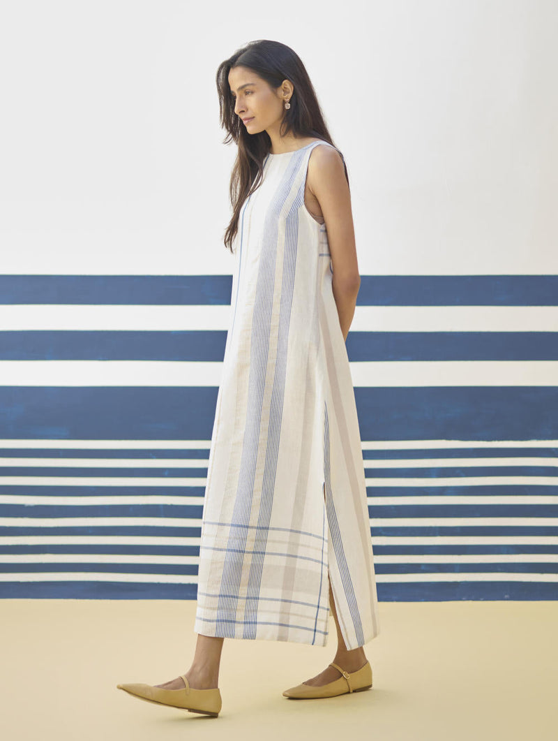 Inara Modern Check Linen Dress
 - Ivory linen by Manan in ivory color for women Worldwide