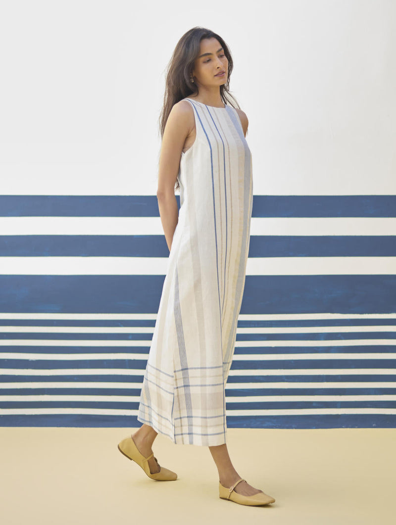 Inara Modern Check Linen Dress
 - Ivory linen by Manan in ivory color for women Worldwide