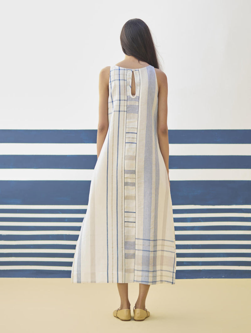 Inara Modern Check Linen Dress
 - Ivory linen by Manan in ivory color for women Worldwide
