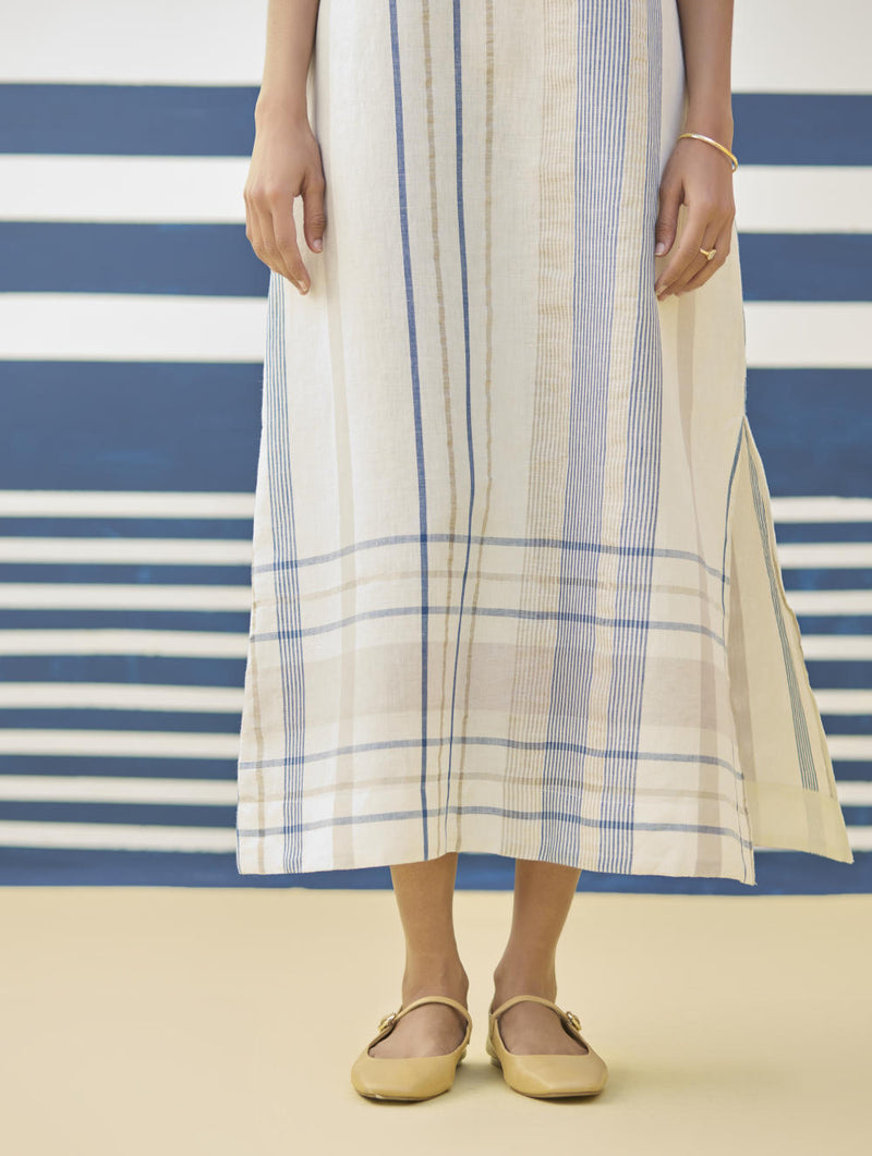 Inara Modern Check Linen Dress
 - Ivory linen by Manan in ivory color for women Worldwide