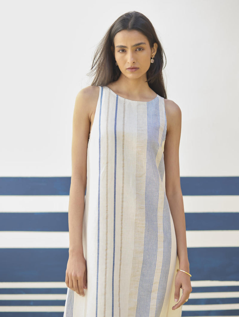 Inara Modern Check Linen Dress
 - Ivory linen by Manan in ivory color for women Worldwide