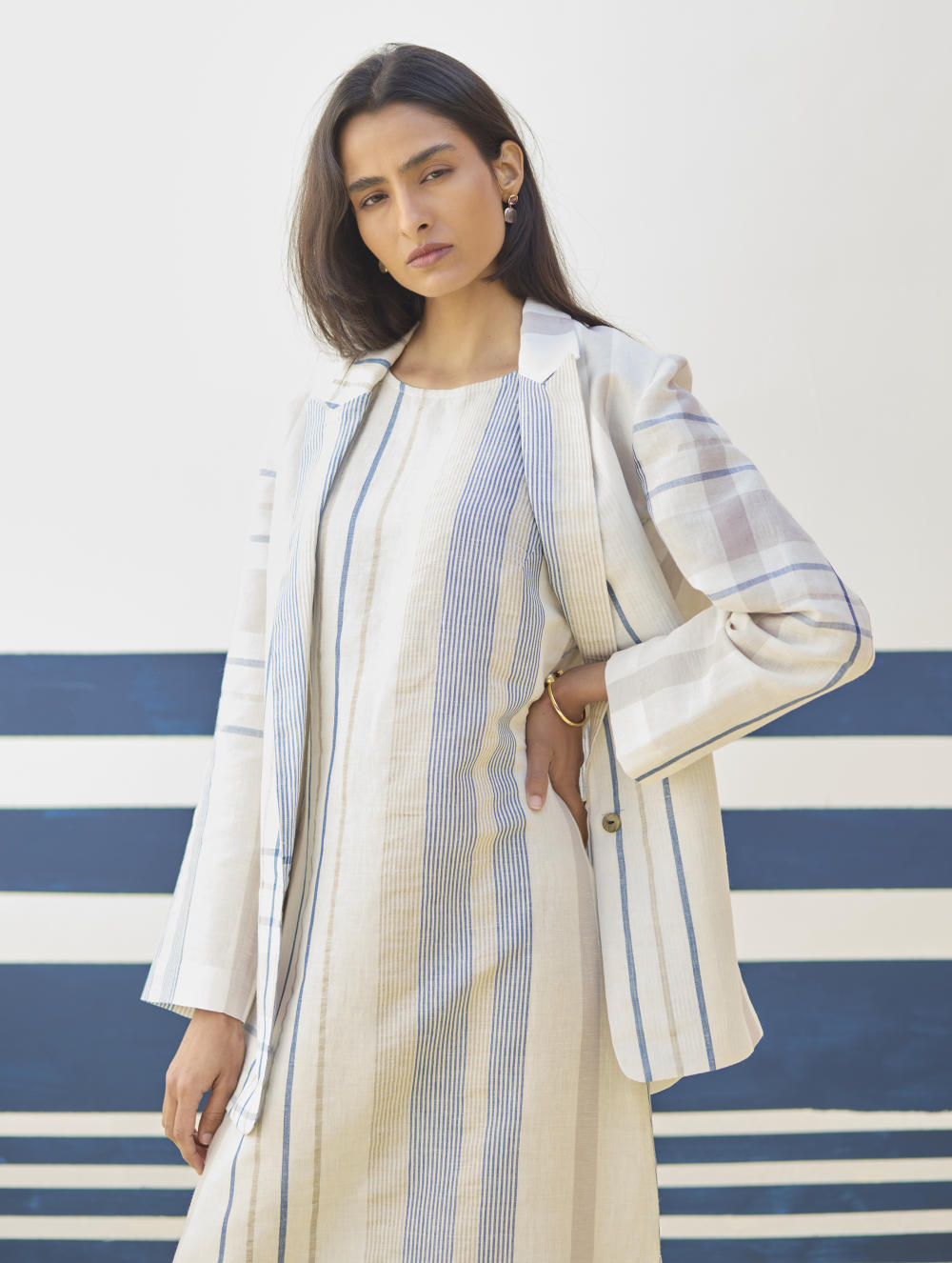 Inara Check Linen Dress With Blazer
- Ivory