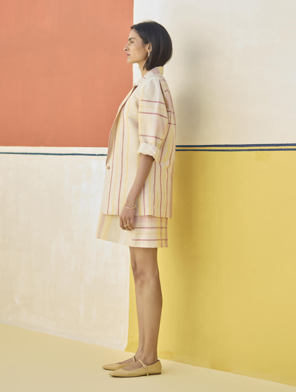 Nora Check Linen Shift Dress - Sand