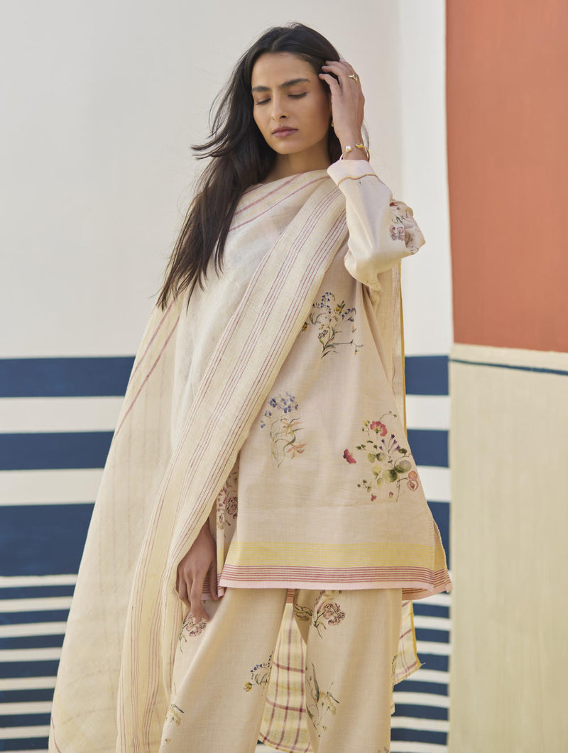 Mana Stripe Handloom Linen Dupatta - Sand by Manan in natural color for women Worldwide