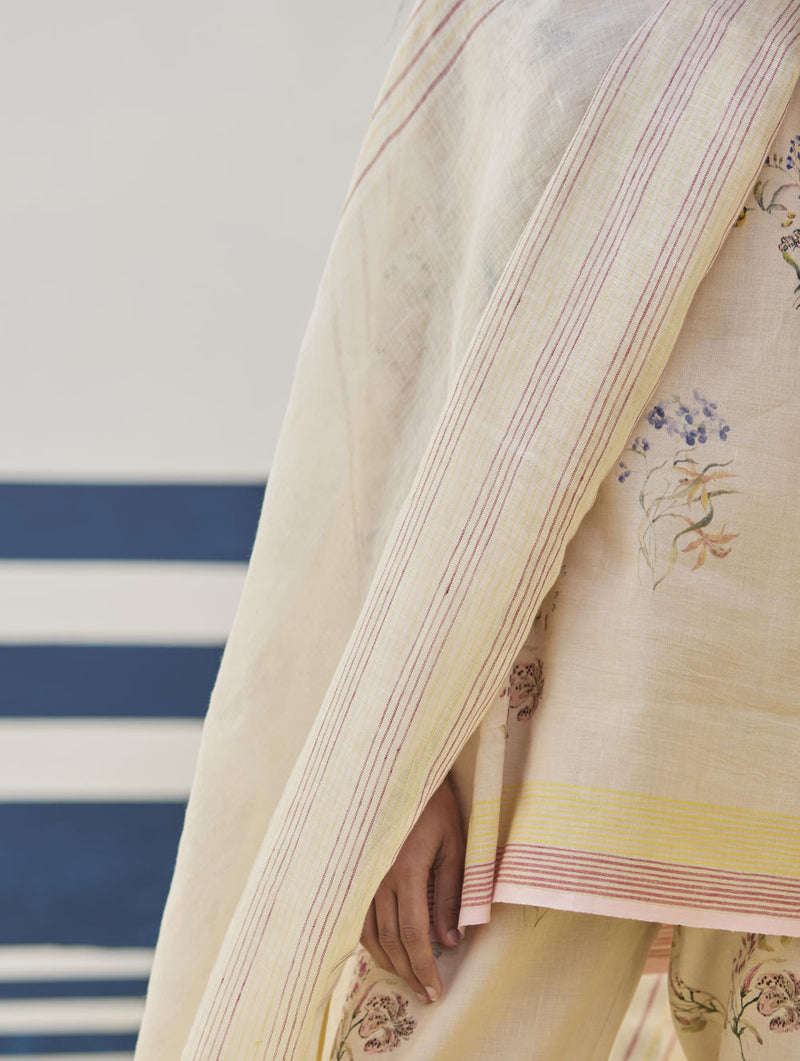 Mana Stripe Handloom Linen Dupatta - Sand by Manan in natural color for women Worldwide